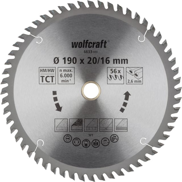 Wolfcraft Kreissägeblatt 190 x 20/16 mm 56 Zähne Hartmetall Kreissägeblatt