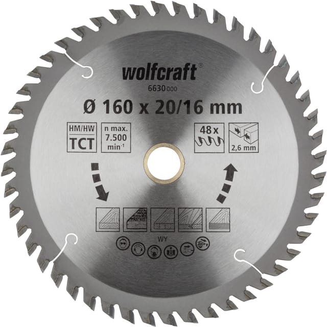 Wolfcraft Kreissägeblatt 160 x 20/16 mm 48 Zähne Hartmetall Kreissägeblatt