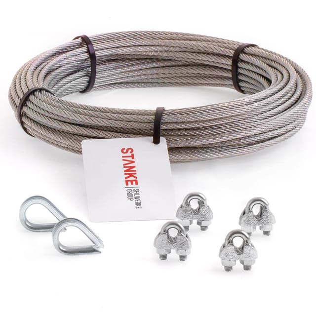 Rankhilfe Edelstahldrahtseil 20m V4A Edelstahlseil 3mm 7x7, 2x Kausche V4A, 4x Bügelformklemme V4A - set 1 - Seilwerk Stanke