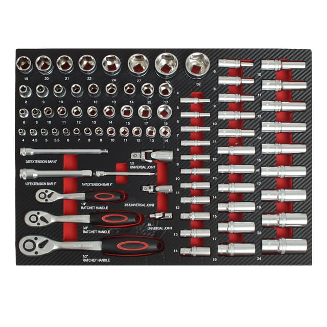 Profi Werkzeugeinlage Werkstattwagen 80 tlg. Steckschlüsselsatz Mechaniker Set 51x40x5 cm rot