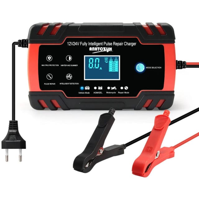 12V/24V 8A Akkuladegerät – LCD-Display – Überhitzungsschutz – Kompatibel mit Bleiakkumulatoren – Abmessungen: 165 x 100 x 55 mm