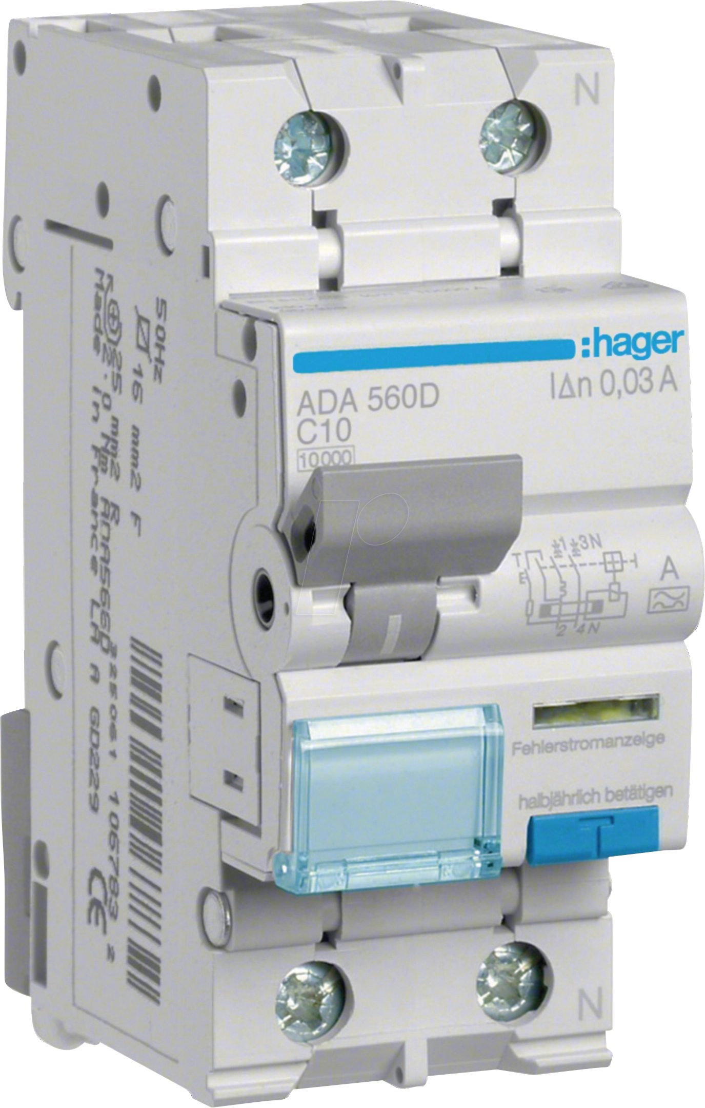 HAGER ADA560D - FI/LS-Schalter, 1P+N 10kA C-10A 30mA Typ A