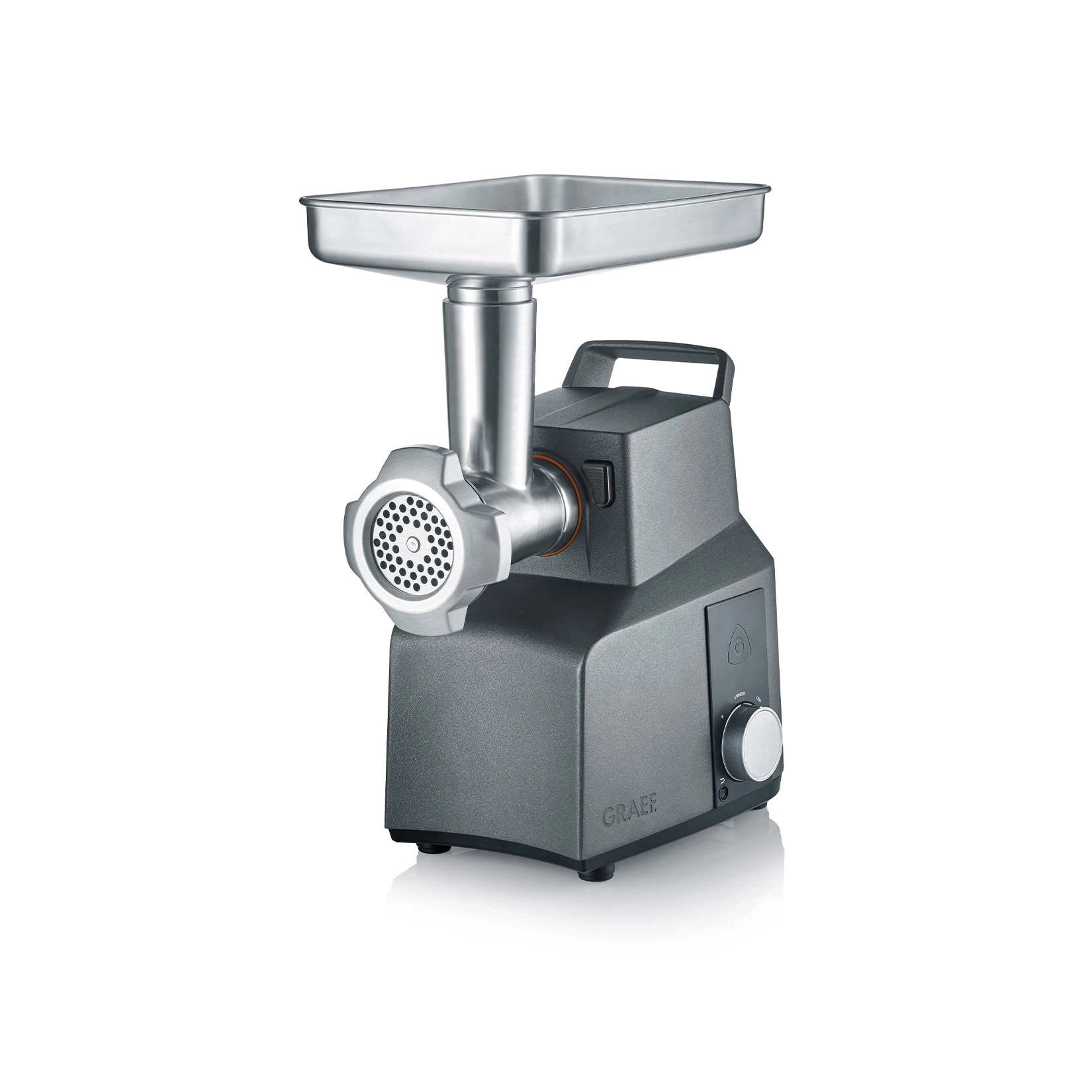GRAEF FW706 Fleischwolf (Vollmetallgehäuse aus Aluminium, 800 Watt/2.000 Watt Blockierleistung, 1,5-2,6 kg / Min., Rückwärtslauf, Überlastungsschutz, Dreiteiliger Schneidvorsatz mit Vorschneider, Messer und Lochscheibe, inkl. Wurstfülltrichter, Kebbevorsat
