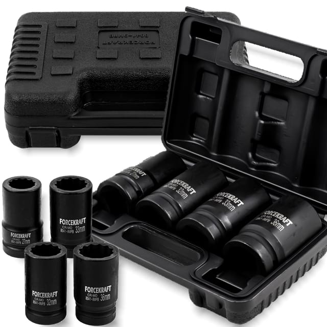 FORCEKRAFT Set mit 4 tiefen Schlagschraubernüssen im Koffer, 1" 12-kant, 27-36 mm