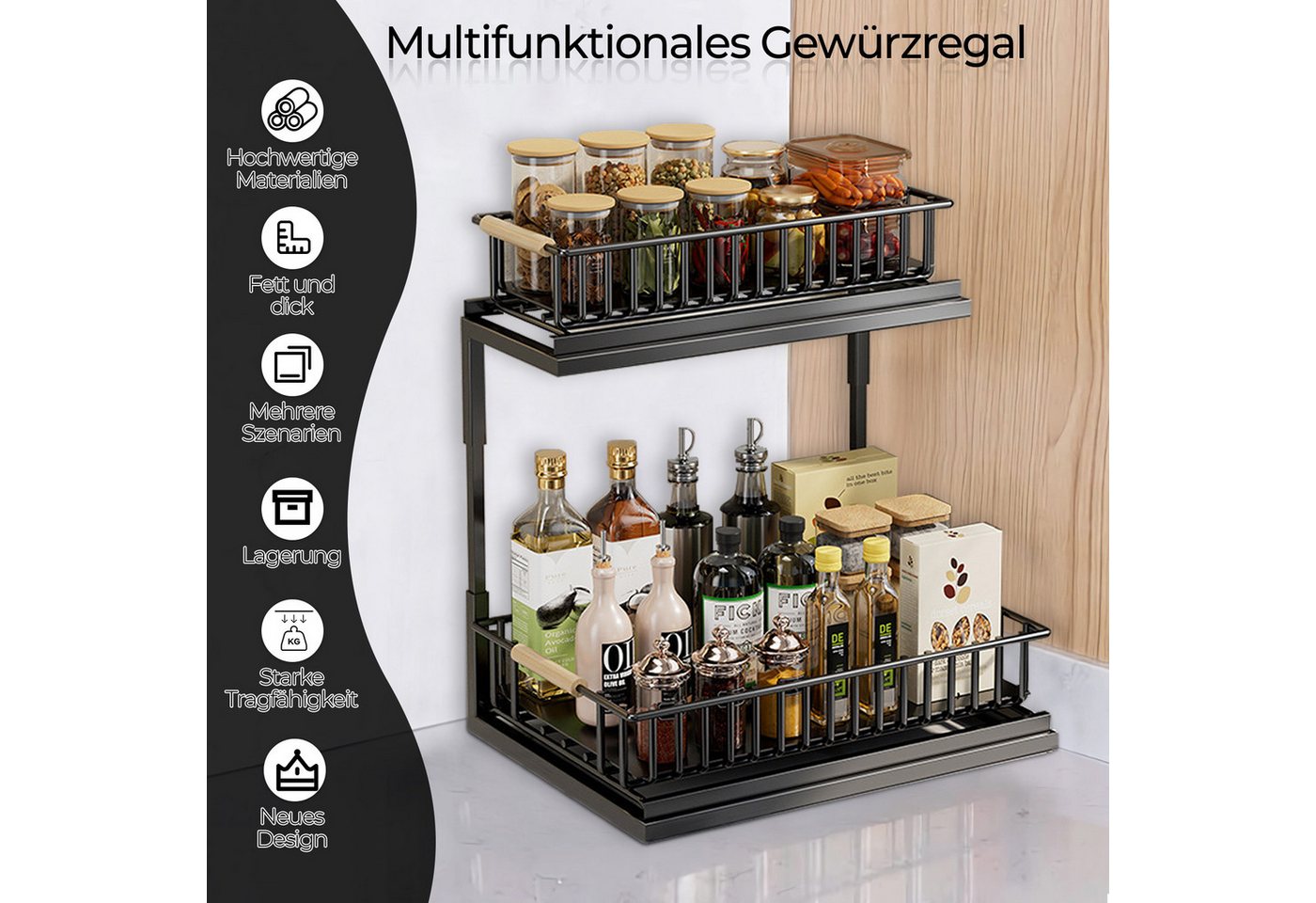 Rhein Beleuchtung Küchenorganizer-Set L-Design Küchenunterschrank Organizer Regal Weiß, 2-stufig, (Set, 1-tlg., Küchen Organizer & Küchenregal für Bad/Küche – kompakt & robust), Ausziehbarer Schrank Organizer – ohne Bohren & flexibel verstellbar Bild 2