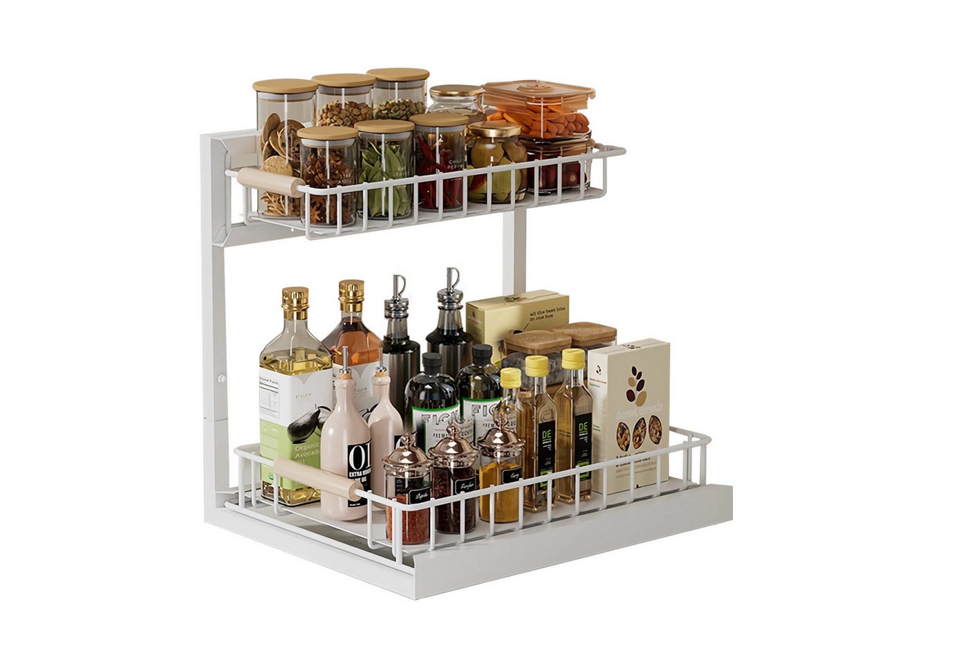 Rhein Beleuchtung Küchenorganizer-Set L-Design Küchenunterschrank Organizer Regal Weiß, 2-stufig, (Set, 1-tlg., Küchen Organizer & Küchenregal für Bad/Küche – kompakt & robust), Ausziehbarer Schrank Organizer – ohne Bohren & flexibel verstellbar Bild 4
