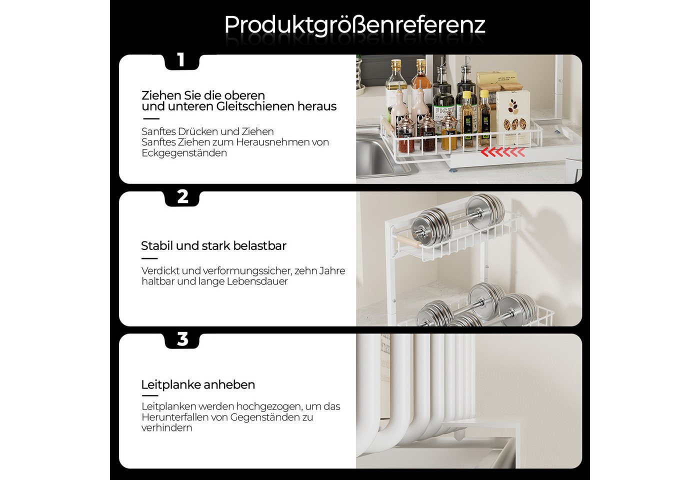 Rhein Beleuchtung Küchenorganizer-Set L-Design Küchenunterschrank Organizer Regal Weiß, 2-stufig, (Set, 1-tlg., Küchen Organizer & Küchenregal für Bad/Küche – kompakt & robust), Ausziehbarer Schrank Organizer – ohne Bohren & flexibel verstellbar Bild 5