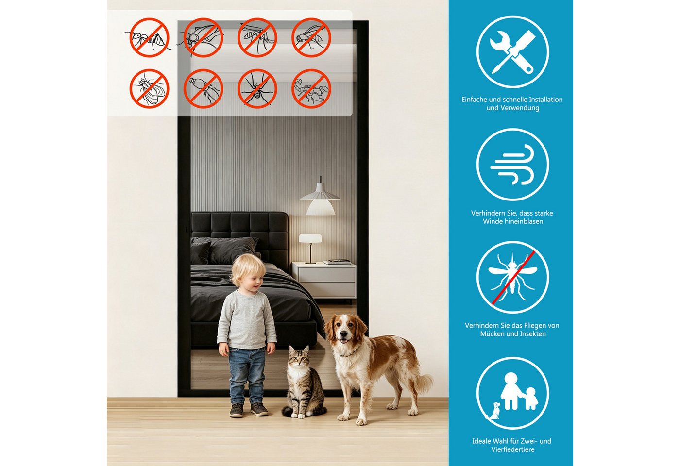 BlingBin Insektenschutz-Vorhang Bohrfreier Magnet-Insektenschutz Fiberglas, unsichtbares Fliegengitter, (1er Set, 1-St., 90 × 210 cm), mit seitlicher Öffnung, passend für Schiebetüren und Terrassentüren Bild 5
