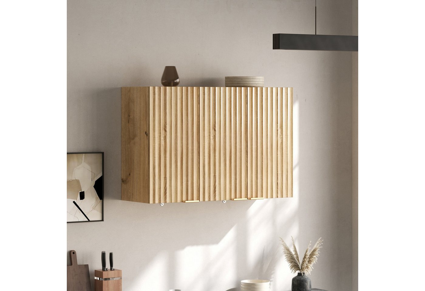 Flieks Hängeschrank Küchenschrank mit 3 Türen Wandschrank für Wohnzimmer, Badezimmer (B90×T29×T60 cm, 1-St) multifunktionaler Badkommode Wandmontage Mehrzweckschrank Natur