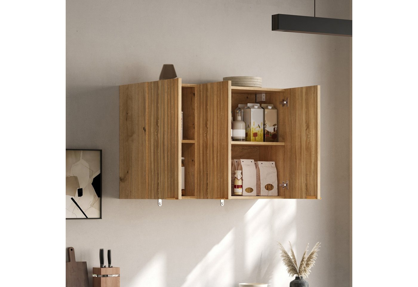 Flieks Hängeschrank Küchenschrank mit 3 Türen Wandschrank für Wohnzimmer, Badezimmer (B90×T29×T60 cm, 1-St) multifunktionaler Badkommode Wandmontage Mehrzweckschrank Natur Bild 3