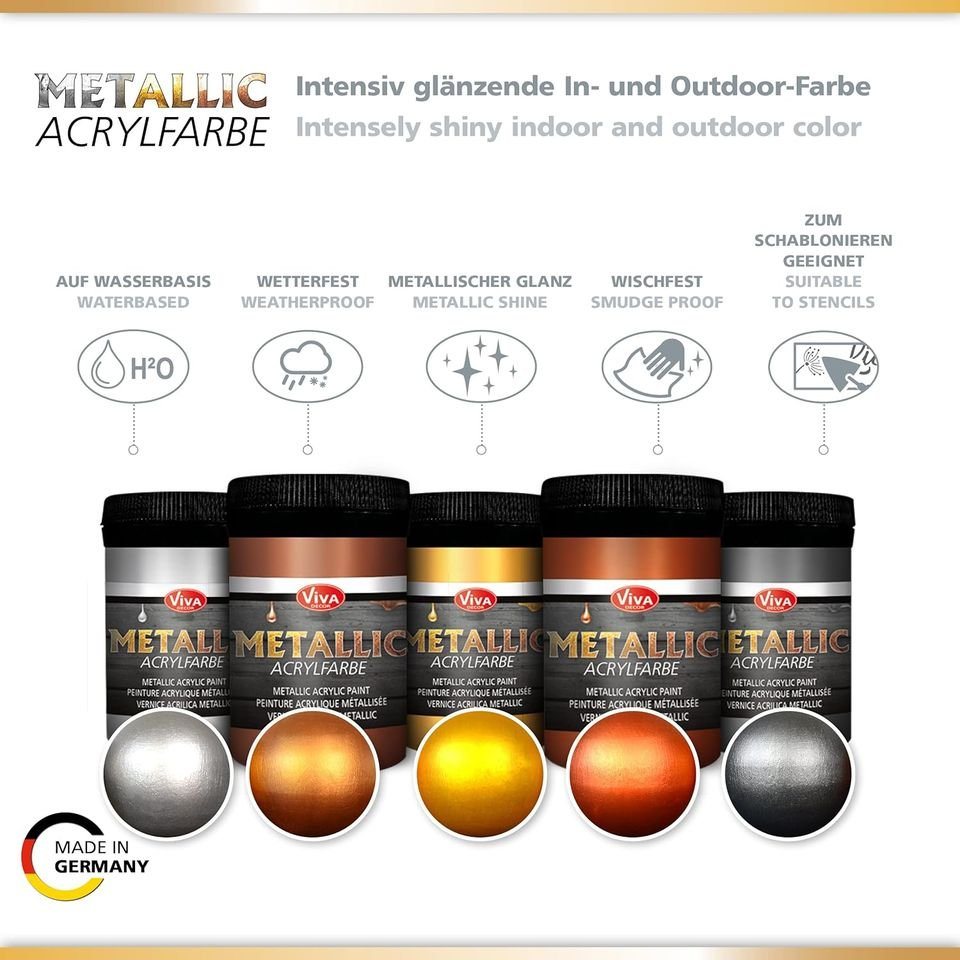 Viva Decor Acrylfarbe Metallic Acrylfarben-Set, 5 x 100 ml
