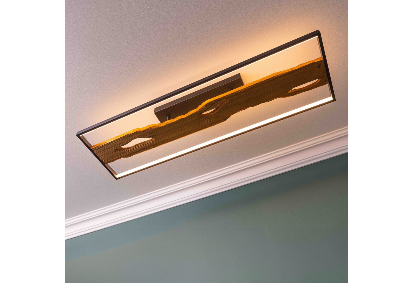 Lightbox Deckenleuchte, LED fest integriert, Warmweiß, LED Deckenlampe, 100x14x30 cm, 6600 lm 3000 K, Metall/Holz/Kunststoff