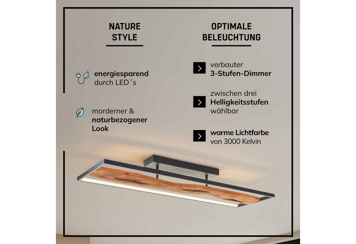 Lightbox Deckenleuchte, LED fest integriert, Warmweiß, LED Deckenlampe, 100x14x30 cm, 6600 lm 3000 K, Metall/Holz/Kunststoff Bild 2