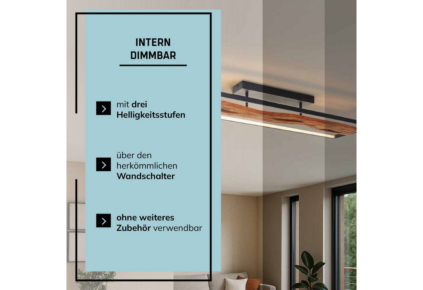 Lightbox Deckenleuchte, LED fest integriert, Warmweiß, LED Deckenlampe, 100x14x30 cm, 6600 lm 3000 K, Metall/Holz/Kunststoff Bild 4