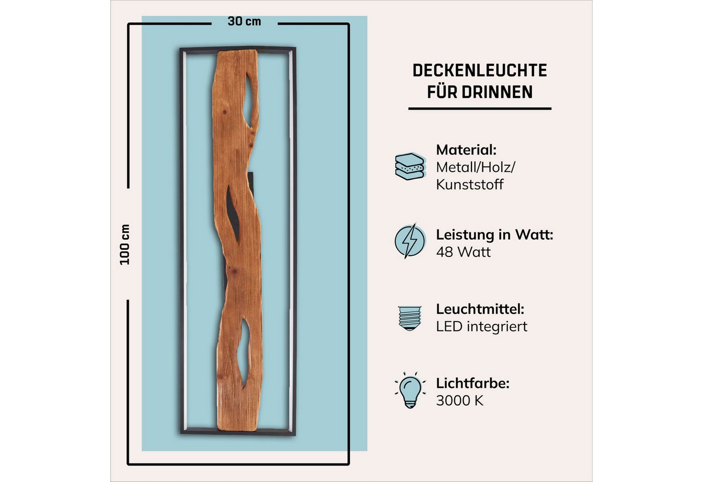 Lightbox Deckenleuchte, LED fest integriert, Warmweiß, LED Deckenlampe, 100x14x30 cm, 6600 lm 3000 K, Metall/Holz/Kunststoff Bild 5