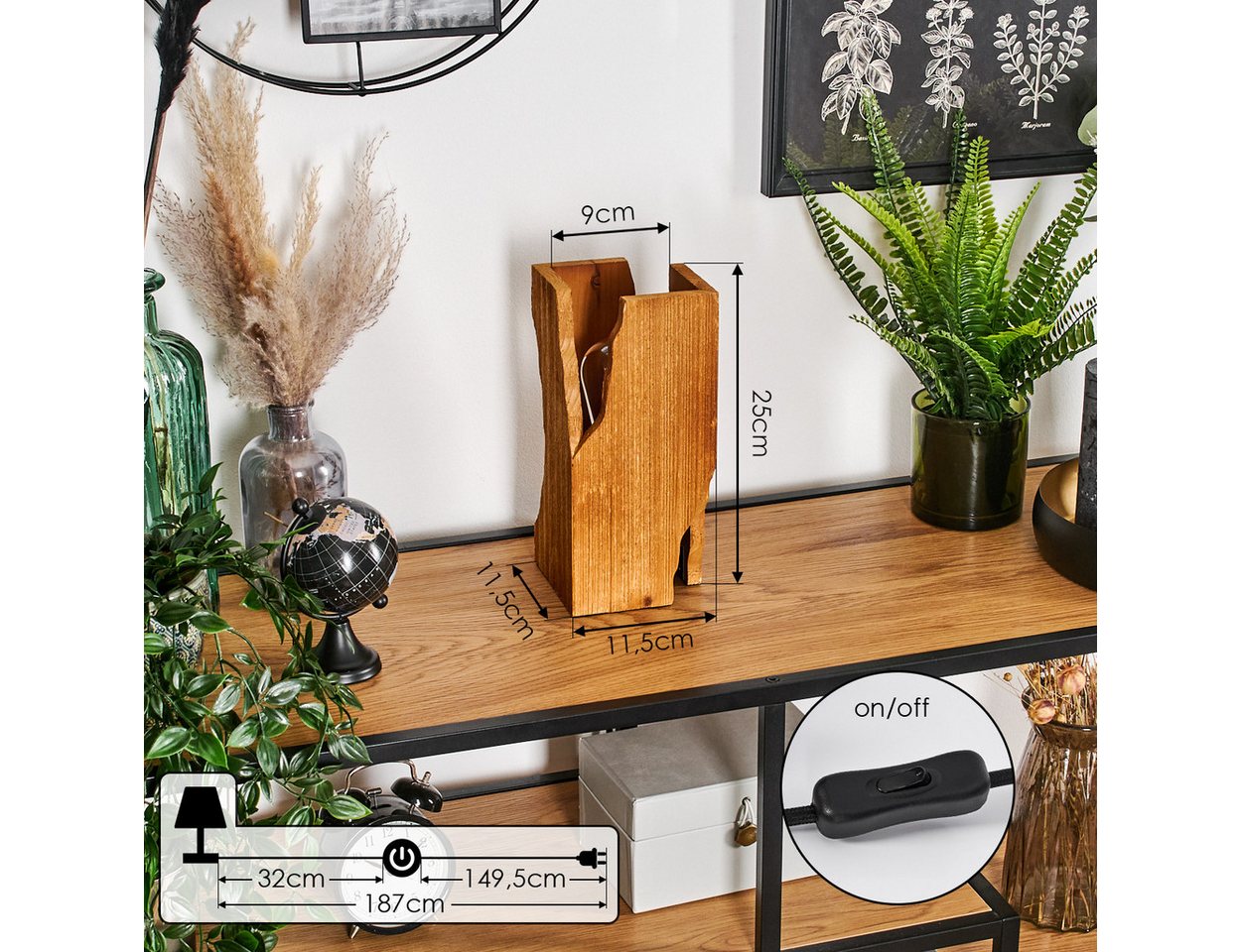 hofstein Tischleuchte Tischlampe aus Metall/Holz in Schwarz/Naturfarben, ohne Leuchtmittel, Holzschirm, An-/ Ausschalter am Kabel, 1 x E27, ohne Leuchtmittel Bild 3