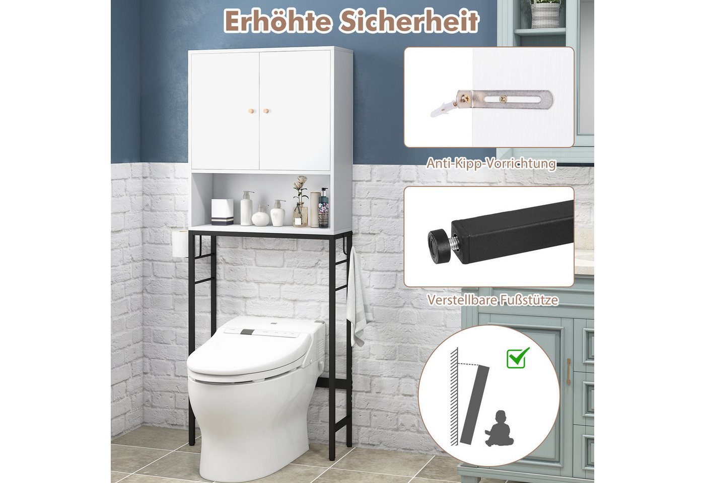 COSTWAY Badregal, 3 Ebenen, mit 2 Türen & 2 Haken, stehend, 63x23x165,5 cm
