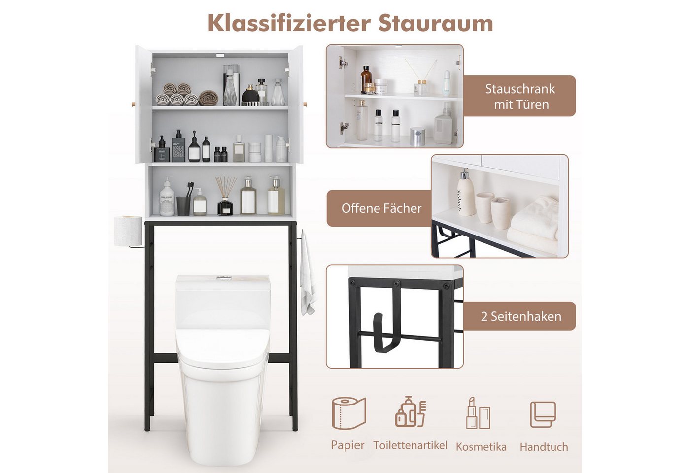 COSTWAY Badregal, 3 Ebenen, mit 2 Türen & 2 Haken, stehend, 63x23x165,5 cm Bild 3
