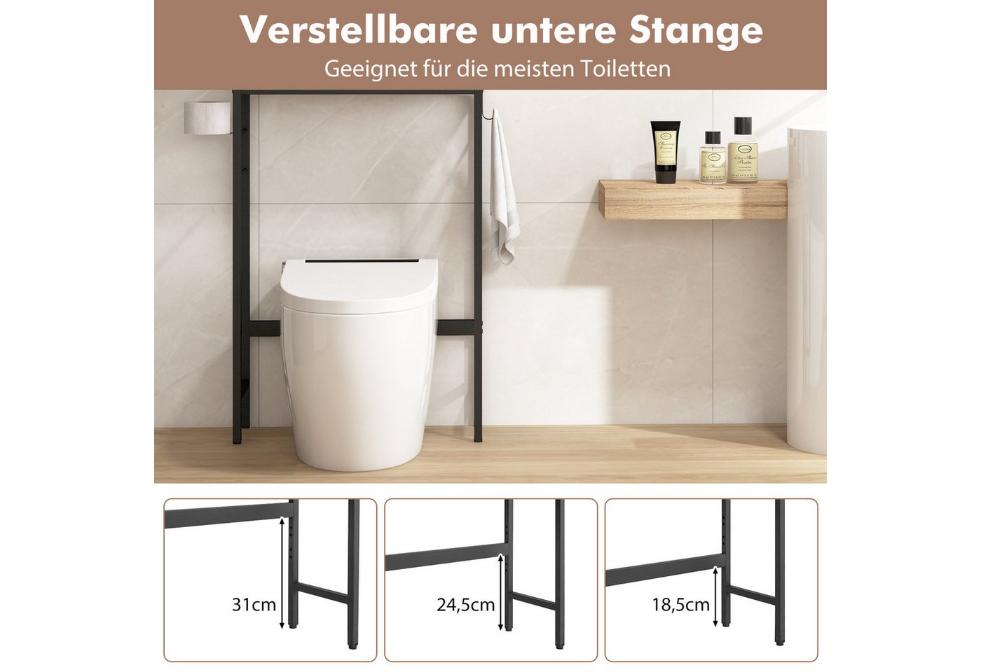 COSTWAY Badregal, 3 Ebenen, mit 2 Türen & 2 Haken, stehend, 63x23x165,5 cm Bild 4