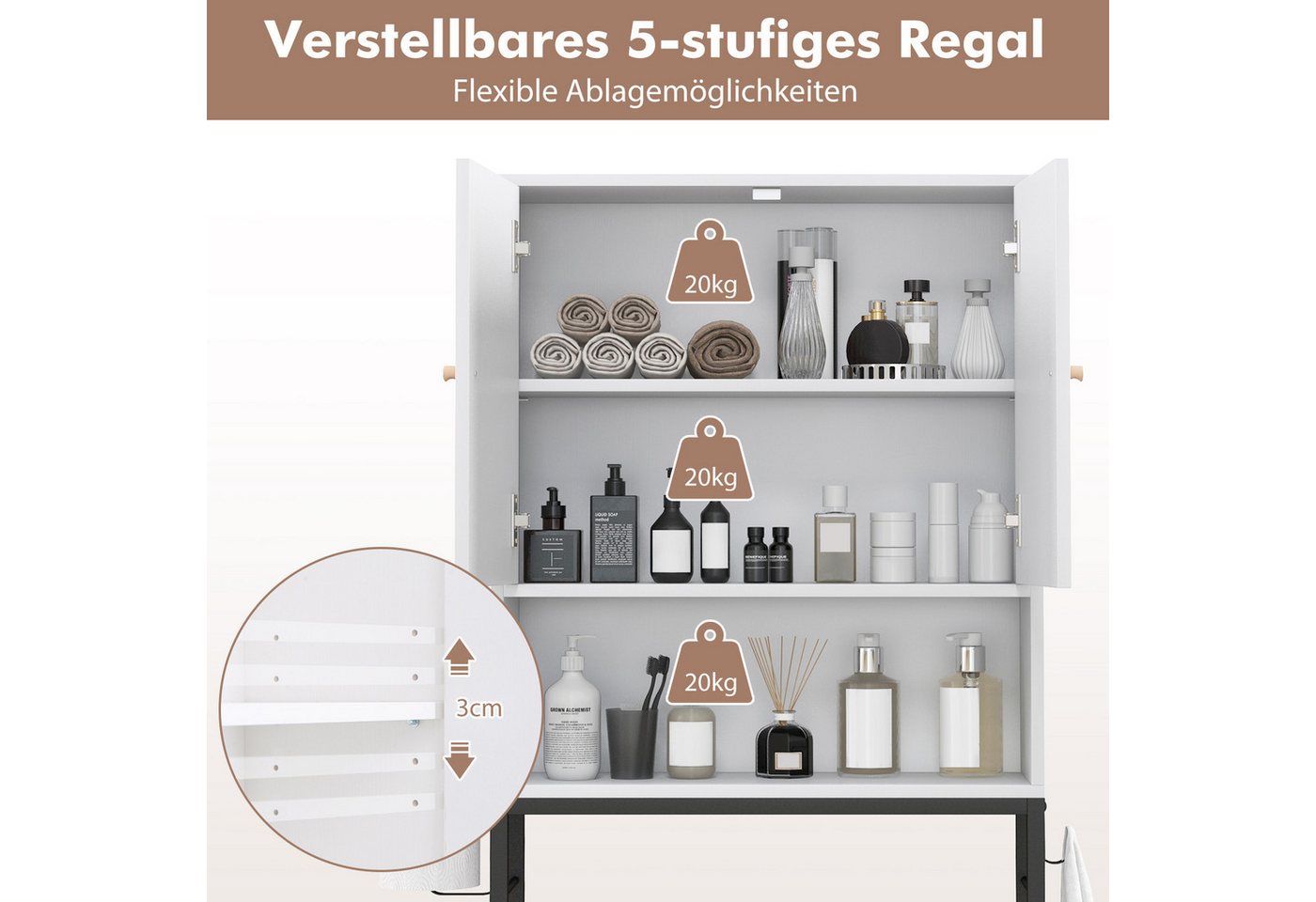 COSTWAY Badregal, 3 Ebenen, mit 2 Türen & 2 Haken, stehend, 63x23x165,5 cm Bild 5