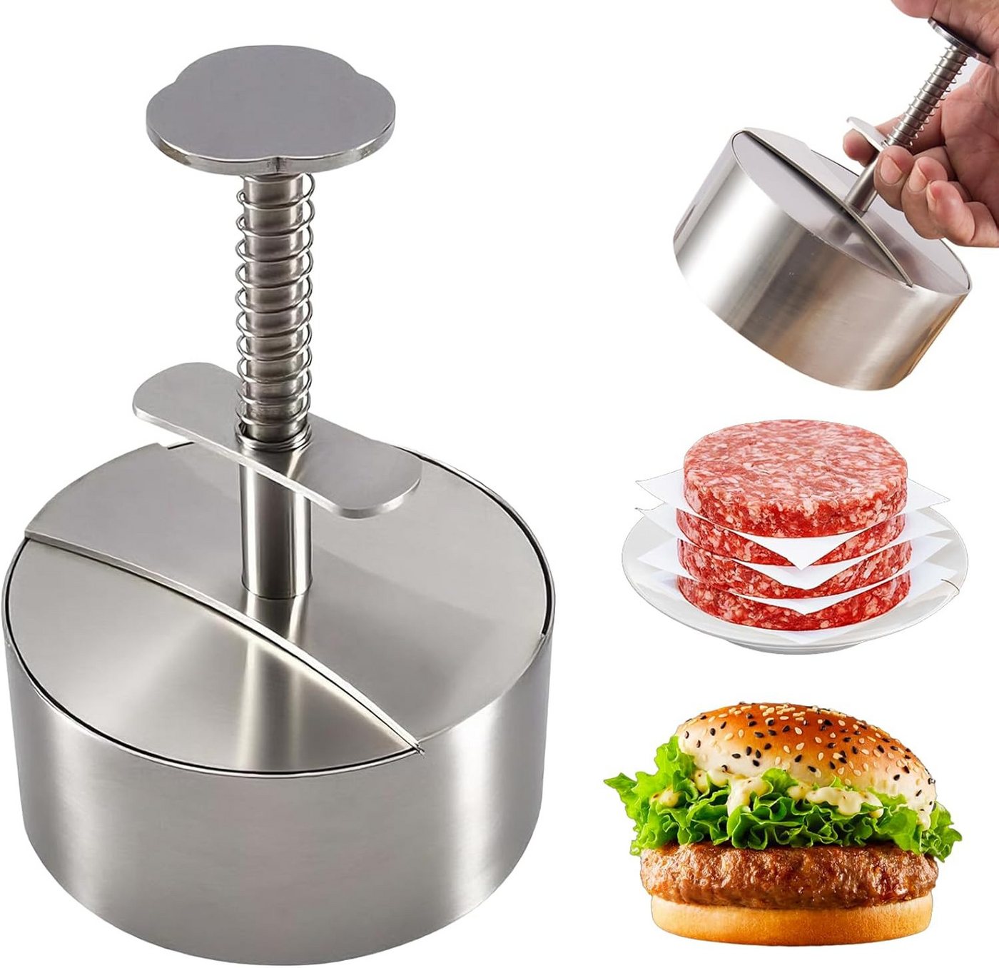 wohnTRAUM24 Burgerpresse Edelstahl Burger Presse, Verstellbarer Hamburger Patty Maker 12cm, Edelstahl, Robuste Antihaft-Patty-Form für Rindfleisch, Fleisch, BBQ, Partygrill