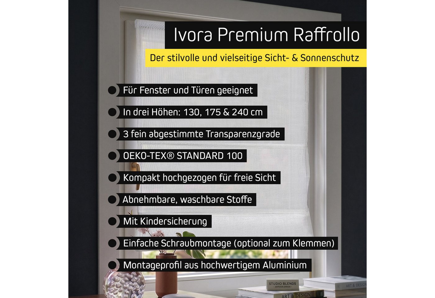 Victoria M. Raffrollo Ivora Premium Raffrollo 40x130cm Weiß Blickdicht, mit Faltenband, mit Bohren, freihängend, Abnehmbarer Stoff mit OEKO-TEX® Zertifizierung
