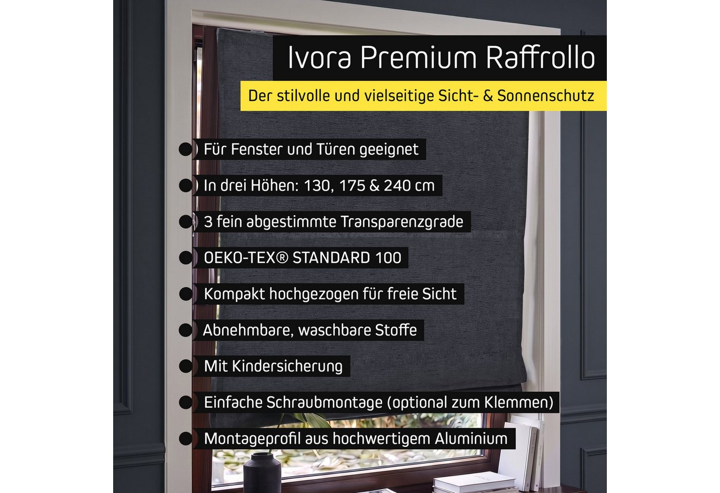 Victoria M. Raffrollo Ivora Premium Raffrollo 40x130cm Anthrazit Vollverdunkelnd, mit Faltenband, mit Bohren, freihängend, Abnehmbarer Stoff mit OEKO-TEX® Zertifizierung