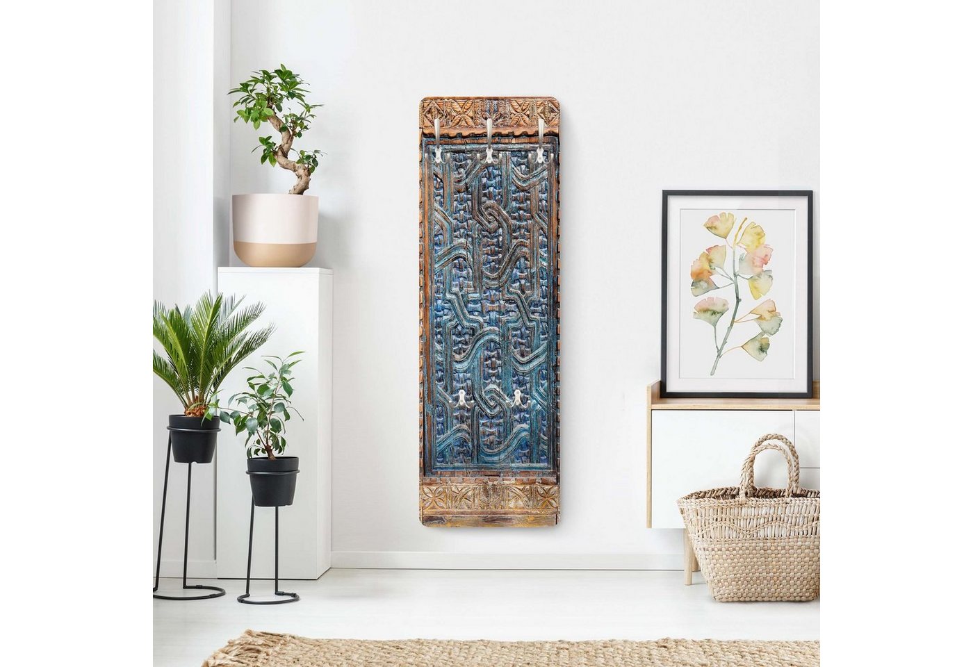 Bilderdepot24 Garderobenpaneel Design Holzoptik Muster Orientalisch Tür marokkanischer Schnitzkunst (ausgefallenes Flur Wandpaneel mit Garderobenhaken Kleiderhaken hängend), moderne Wandgarderobe - Flurgarderobe im schmalen Hakenpaneel Design Bild 4