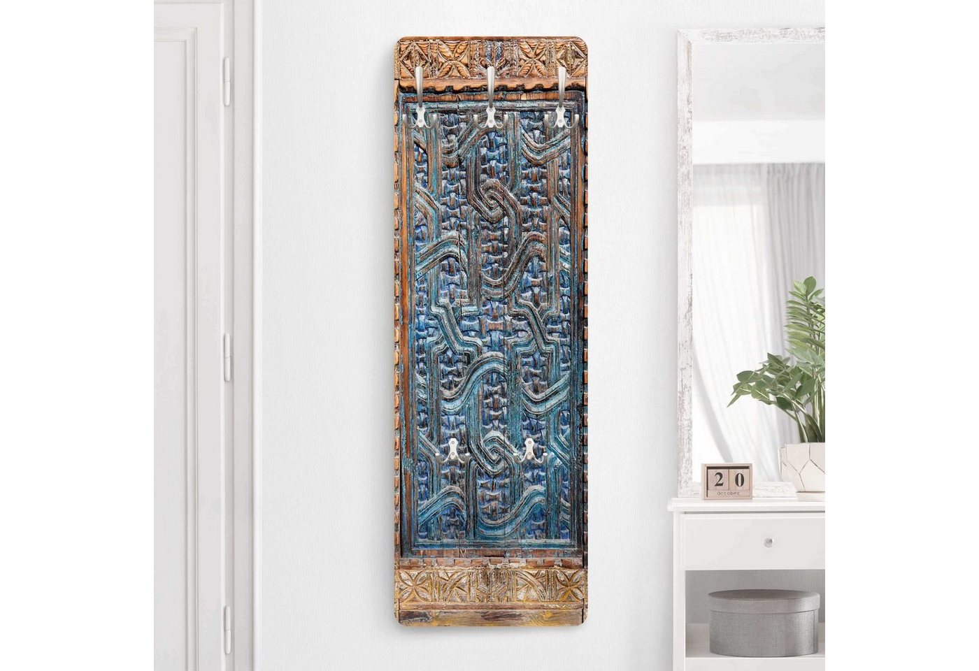 Bilderdepot24 Garderobenpaneel Design Holzoptik Muster Orientalisch Tür marokkanischer Schnitzkunst (ausgefallenes Flur Wandpaneel mit Garderobenhaken Kleiderhaken hängend), moderne Wandgarderobe - Flurgarderobe im schmalen Hakenpaneel Design Bild 5