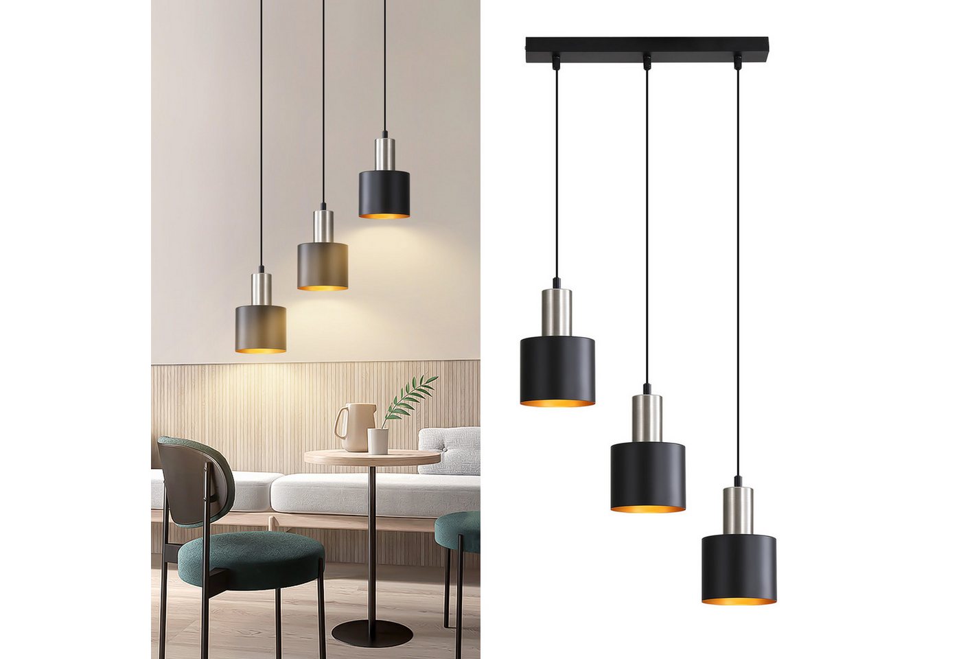 ZMH Pendelleuchte E27, 1/2/3-flammig,höhenverstellbare Hängelampe, ohne Leuchtmittel, Esstischlampe, Esszimmerlampe und Kücheninsel-Lampe