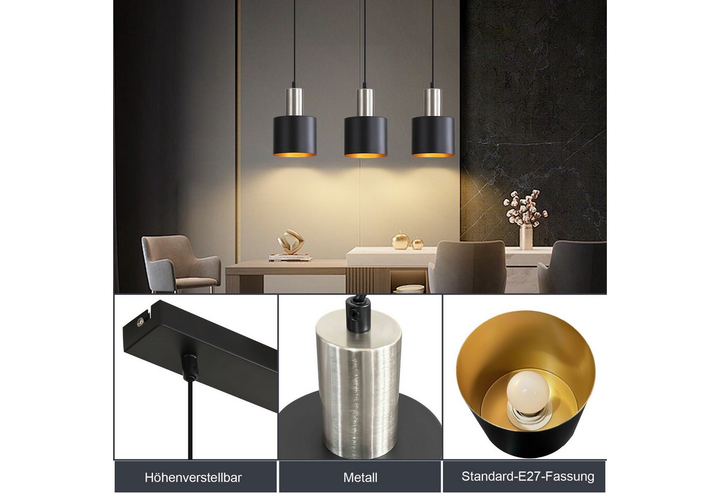 ZMH Pendelleuchte E27, 1/2/3-flammig,höhenverstellbare Hängelampe, ohne Leuchtmittel, Esstischlampe, Esszimmerlampe und Kücheninsel-Lampe Bild 2