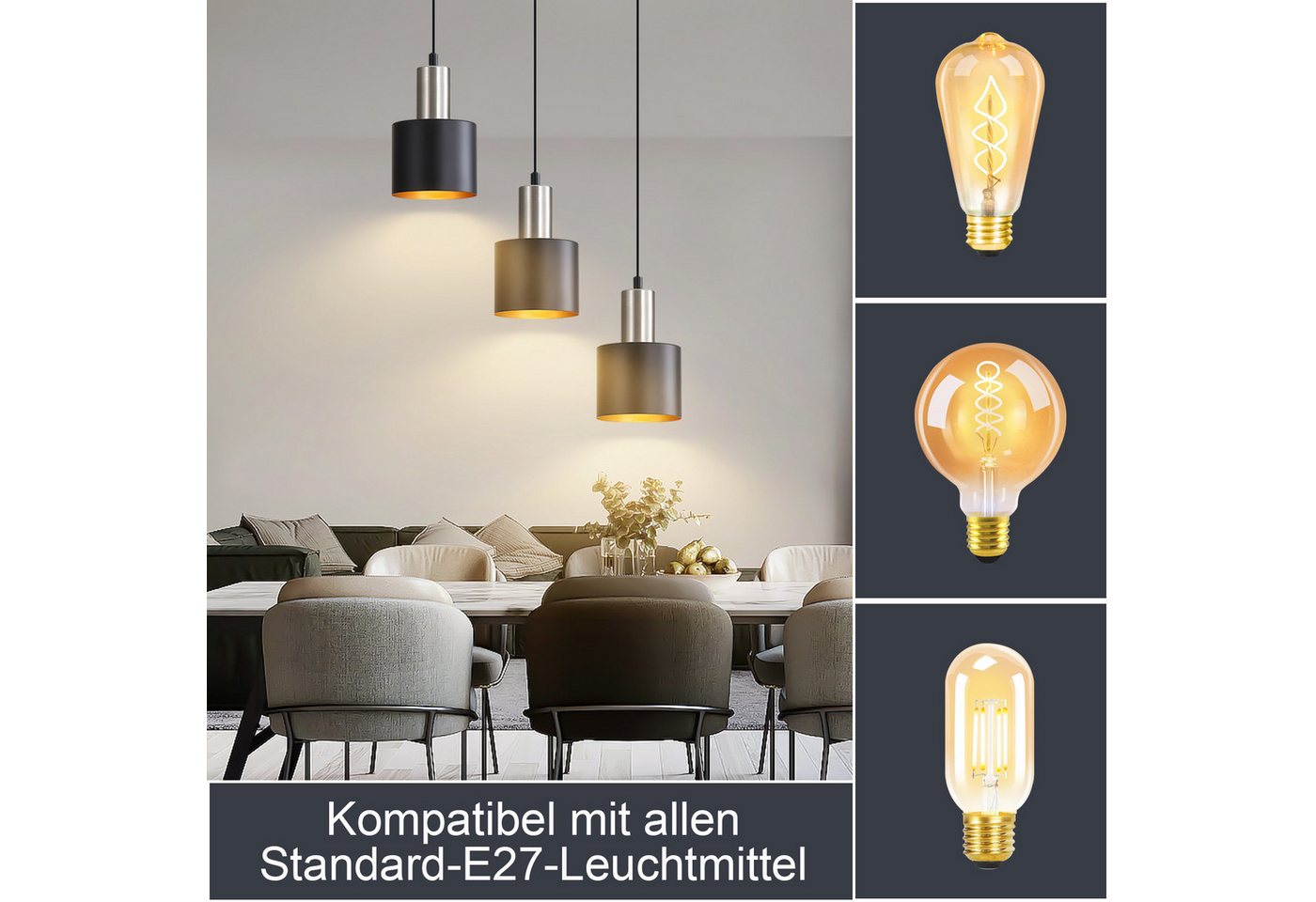 ZMH Pendelleuchte E27, 1/2/3-flammig,höhenverstellbare Hängelampe, ohne Leuchtmittel, Esstischlampe, Esszimmerlampe und Kücheninsel-Lampe Bild 4