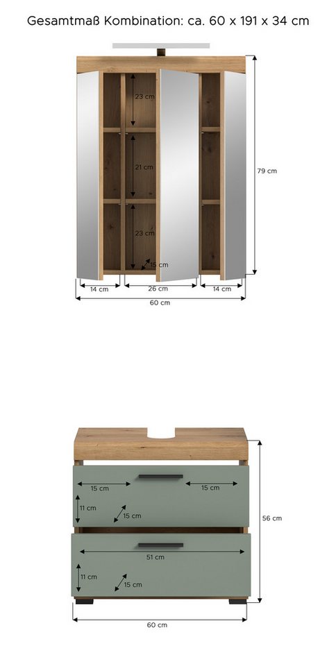furnling Badmöbel-Set Scott, (2-St., bestehend aus Spiegelschrank, Waschbeckenunterschrank), Badschränke, Badkommoden, mit Beleuchtung, Badmöbel, Breite 60 cm Bild 2
