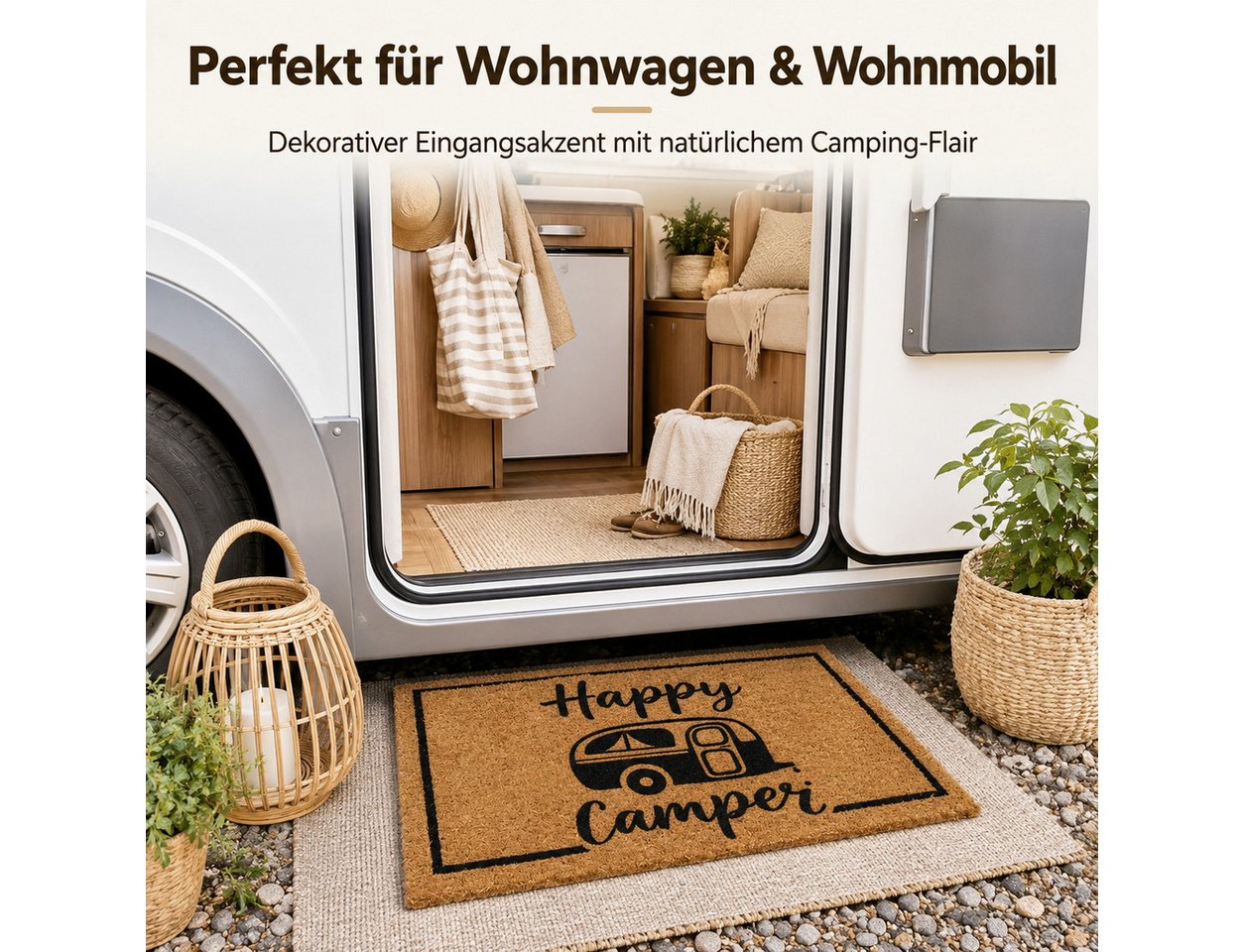 BOLTZE Fußmatte Fußmatte Happy Camper, Kokos/PVC, 50 x 25 cm, natur/schwarz, rechteck, Höhe: 15 mm, Happy Camper Aufdruck Bild 2