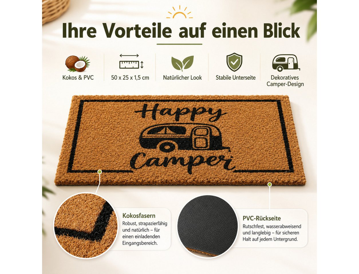 BOLTZE Fußmatte Fußmatte Happy Camper, Kokos/PVC, 50 x 25 cm, natur/schwarz, rechteck, Höhe: 15 mm, Happy Camper Aufdruck Bild 4