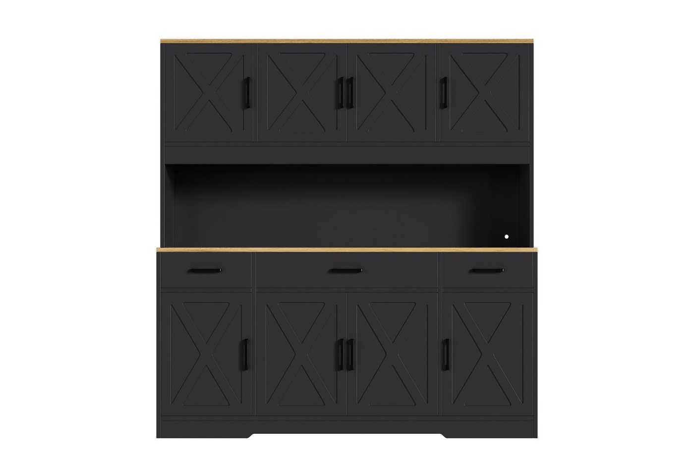 Flieks Küchenbuffet Hochschrank mit Arbeitsplatte Natur, Steckdose, Gläserhalter, LED (B150xT40xH180 cm, 1-St., Multifunktionsschrank mit Lichtstreifen, Ladenfunktion) Mehrzweckschrank Küchenschrank mit verstellbarer Ablagen Schwarz