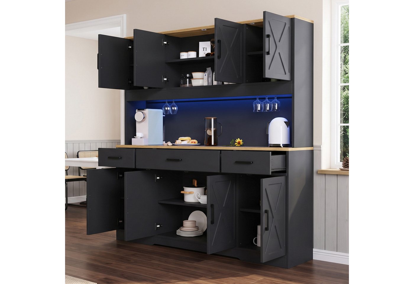 Flieks Küchenbuffet Hochschrank mit Arbeitsplatte Natur, Steckdose, Gläserhalter, LED (B150xT40xH180 cm, 1-St., Multifunktionsschrank mit Lichtstreifen, Ladenfunktion) Mehrzweckschrank Küchenschrank mit verstellbarer Ablagen Schwarz Bild 2