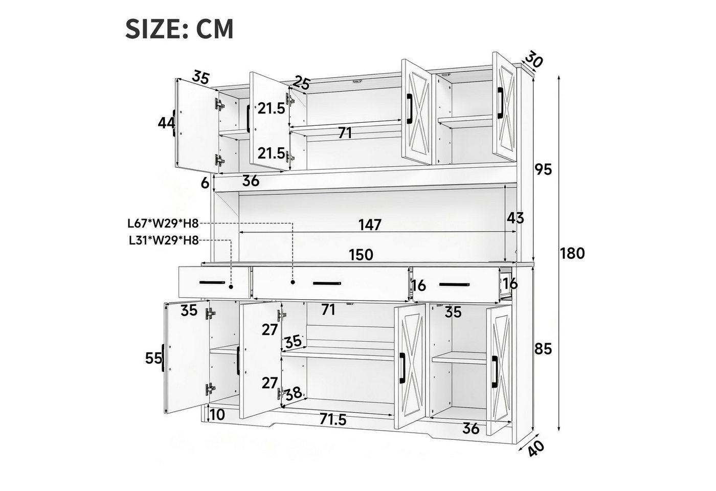 Flieks Küchenbuffet Hochschrank mit Arbeitsplatte Natur, Steckdose, Gläserhalter, LED (B150xT40xH180 cm, 1-St., Multifunktionsschrank mit Lichtstreifen, Ladenfunktion) Mehrzweckschrank Küchenschrank mit verstellbarer Ablagen Schwarz Bild 3