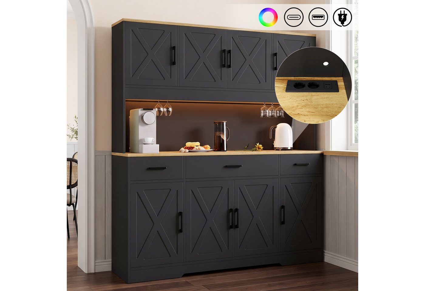 Flieks Küchenbuffet Hochschrank mit Arbeitsplatte Natur, Steckdose, Gläserhalter, LED (B150xT40xH180 cm, 1-St., Multifunktionsschrank mit Lichtstreifen, Ladenfunktion) Mehrzweckschrank Küchenschrank mit verstellbarer Ablagen Schwarz Bild 4