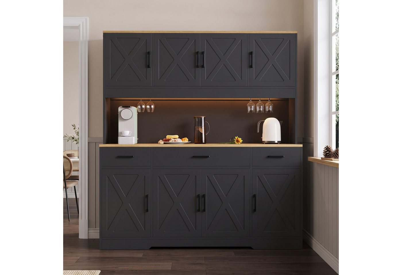 Flieks Küchenbuffet Hochschrank mit Arbeitsplatte Natur, Steckdose, Gläserhalter, LED (B150xT40xH180 cm, 1-St., Multifunktionsschrank mit Lichtstreifen, Ladenfunktion) Mehrzweckschrank Küchenschrank mit verstellbarer Ablagen Schwarz Bild 5