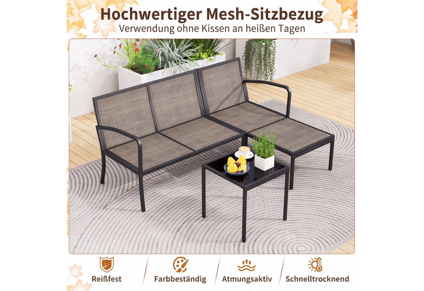 COSTWAY Gartenlounge-Set, (3-tlg), mit Kissen, wetterfest Metall für Garten, Balkon