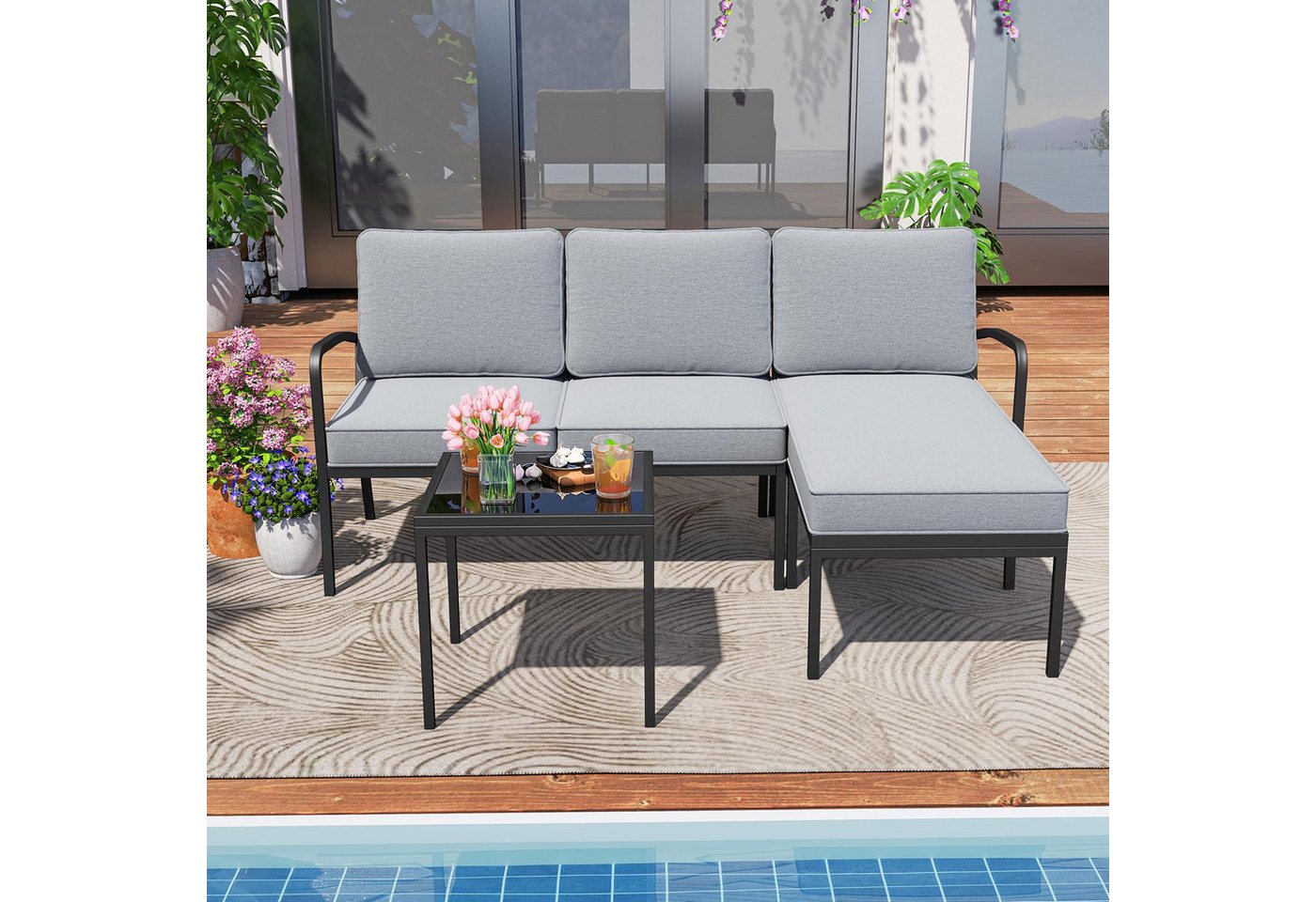 COSTWAY Gartenlounge-Set, (3-tlg), mit Kissen, wetterfest Metall für Garten, Balkon Bild 3