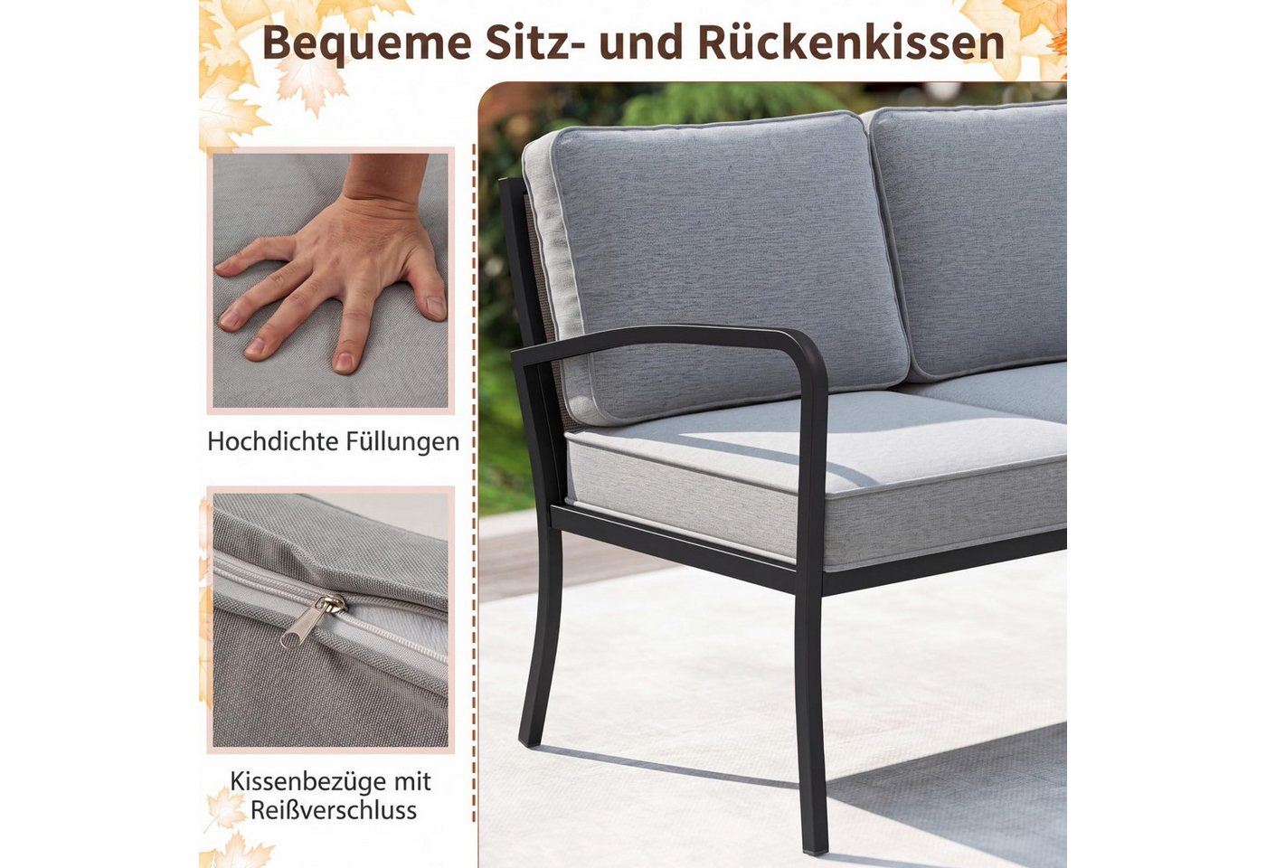 COSTWAY Gartenlounge-Set, (3-tlg), mit Kissen, wetterfest Metall für Garten, Balkon Bild 4