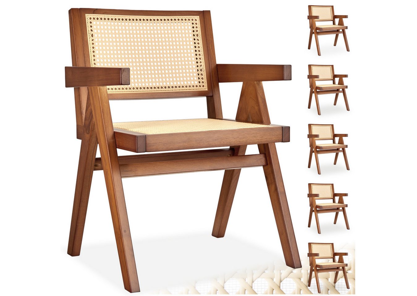 tectake Esszimmerstuhl Armlehnstuhl im Boho-Stil, 59 x 56,5 x 82,5 cm, Belastbarkeit 120 kg (Sessel Lissy in Eiche dunkel, 6 St), große Rückenlehne und Sitzfläche mit Wiener Geflecht, Holzgestell