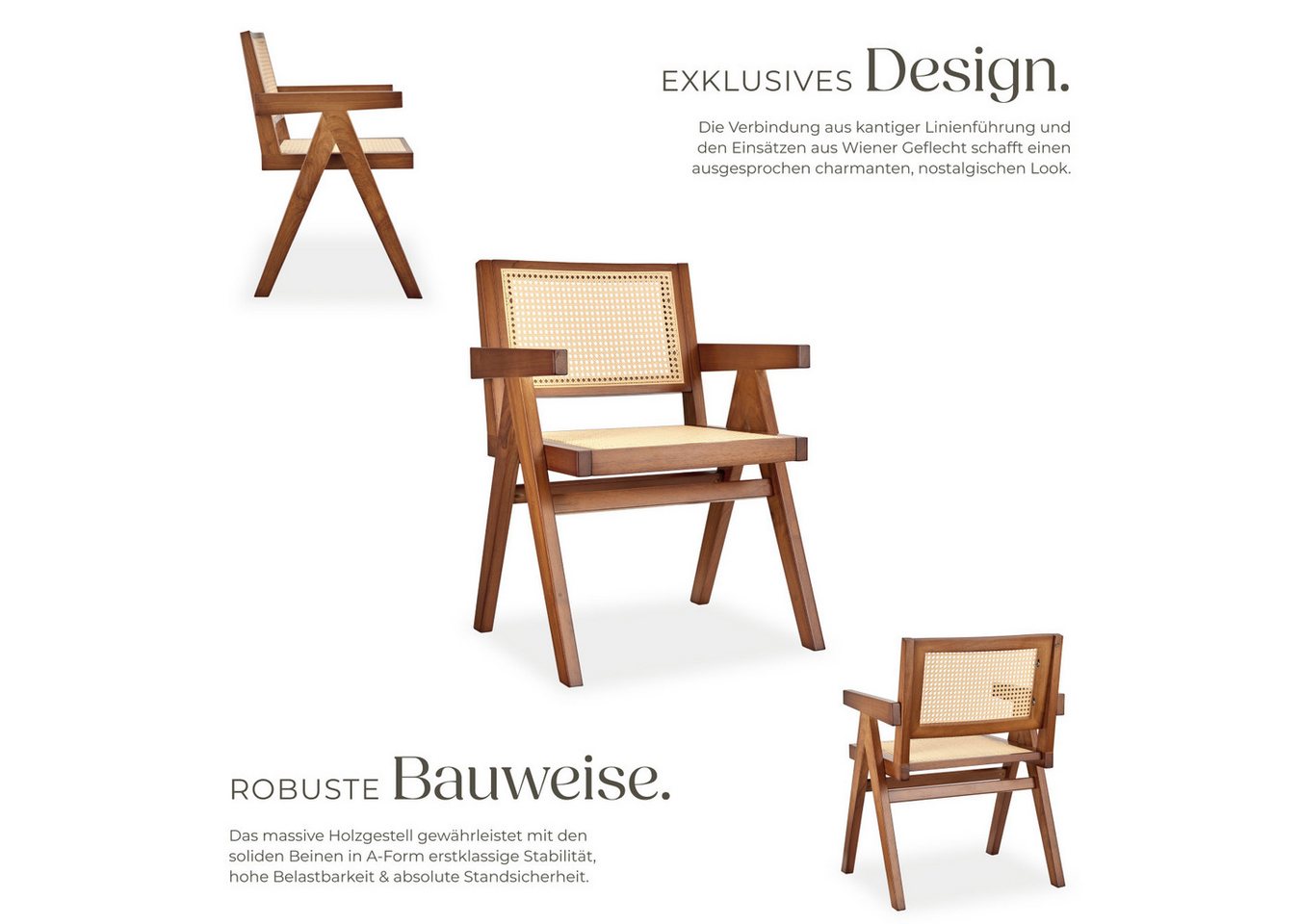 tectake Esszimmerstuhl Armlehnstuhl im Boho-Stil, 59 x 56,5 x 82,5 cm, Belastbarkeit 120 kg (Sessel Lissy in Eiche dunkel, 6 St), große Rückenlehne und Sitzfläche mit Wiener Geflecht, Holzgestell Bild 4