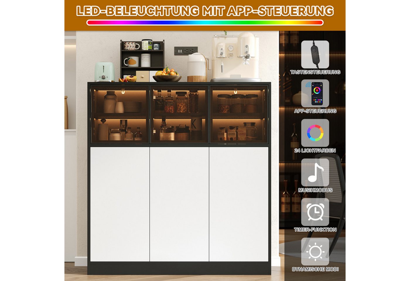 REDOM Küchenbuffet Buffet & Hochschrank (mit LED-Beleuchtung in Weiß und Schwarz, 1-St., 100 x 40 x 105 cm)