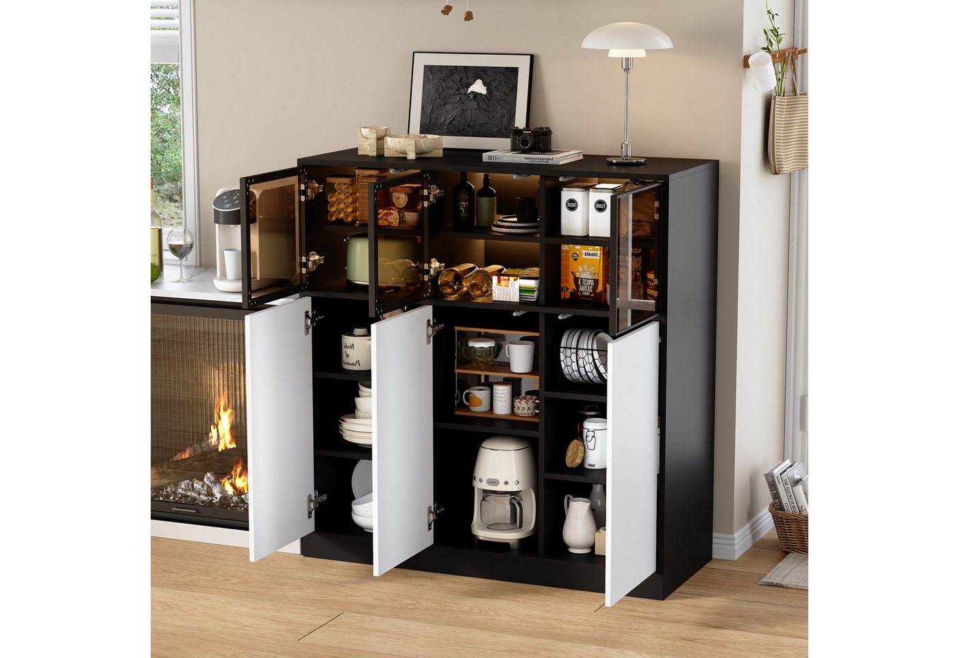 REDOM Küchenbuffet Buffet & Hochschrank (mit LED-Beleuchtung in Weiß und Schwarz, 1-St., 100 x 40 x 105 cm) Bild 2