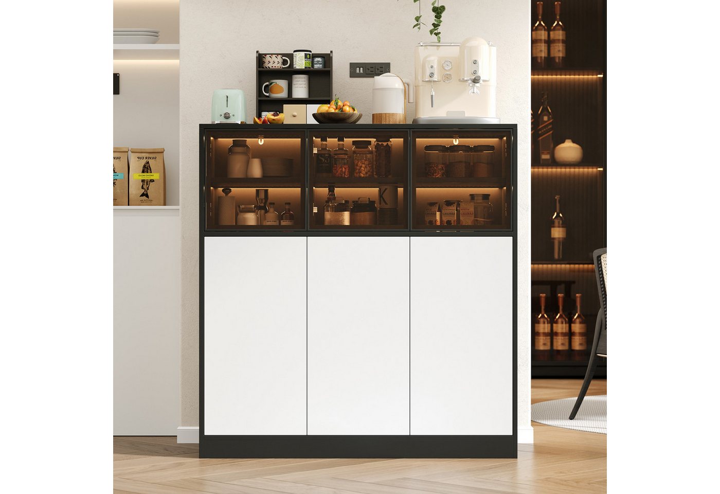 REDOM Küchenbuffet Buffet & Hochschrank (mit LED-Beleuchtung in Weiß und Schwarz, 1-St., 100 x 40 x 105 cm) Bild 3