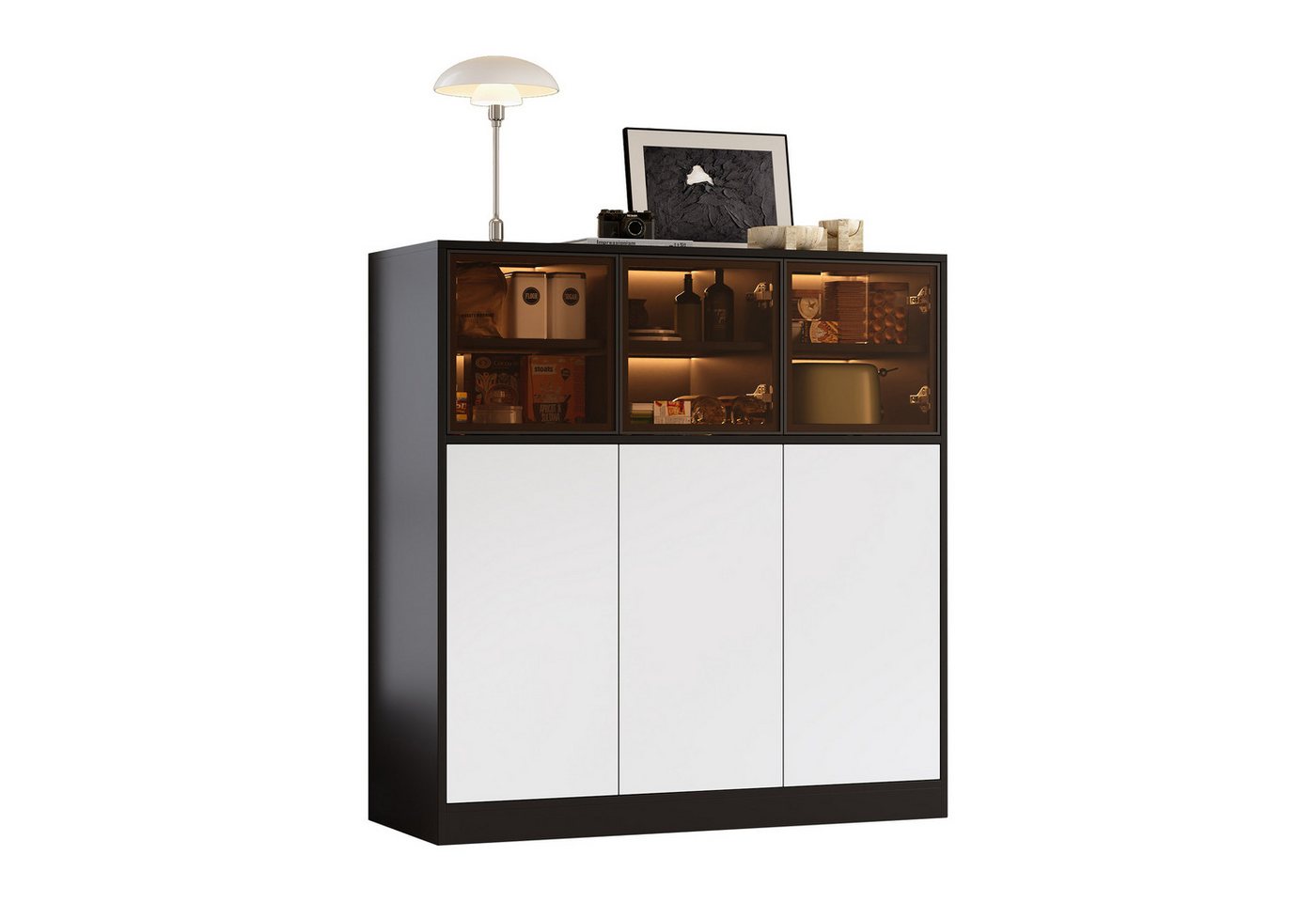 REDOM Küchenbuffet Buffet & Hochschrank (mit LED-Beleuchtung in Weiß und Schwarz, 1-St., 100 x 40 x 105 cm) Bild 4