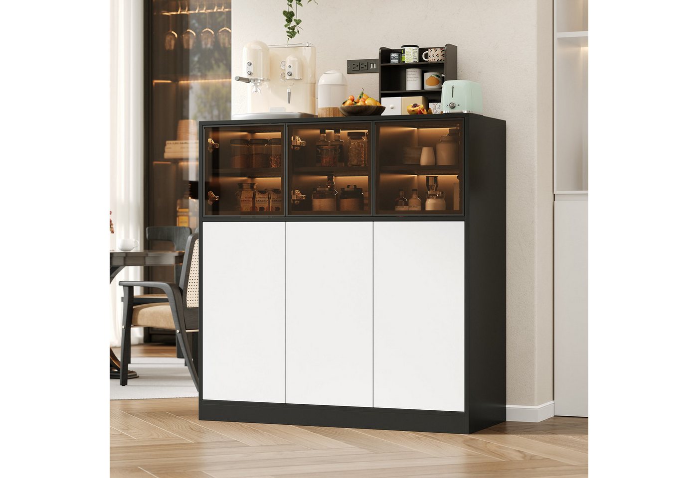 REDOM Küchenbuffet Buffet & Hochschrank (mit LED-Beleuchtung in Weiß und Schwarz, 1-St., 100 x 40 x 105 cm) Bild 5